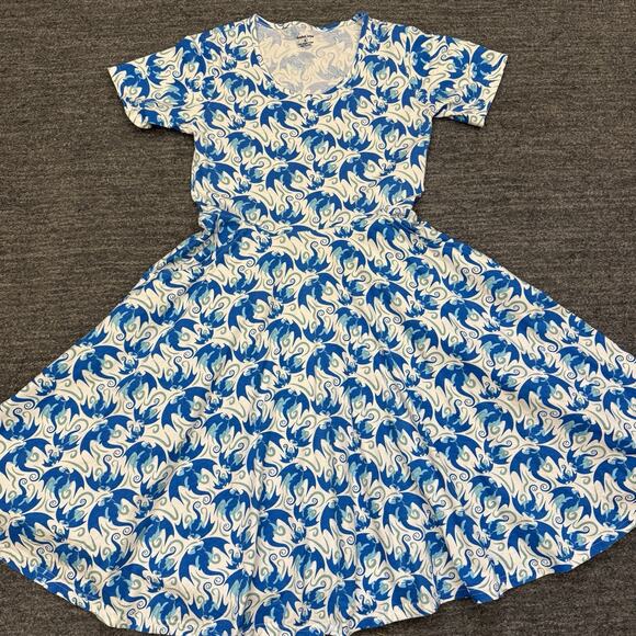 Svaha Twirl Dress Women Small Dragon Fantasy Blue White Pockets Organic Midi - Picture 8 of 10